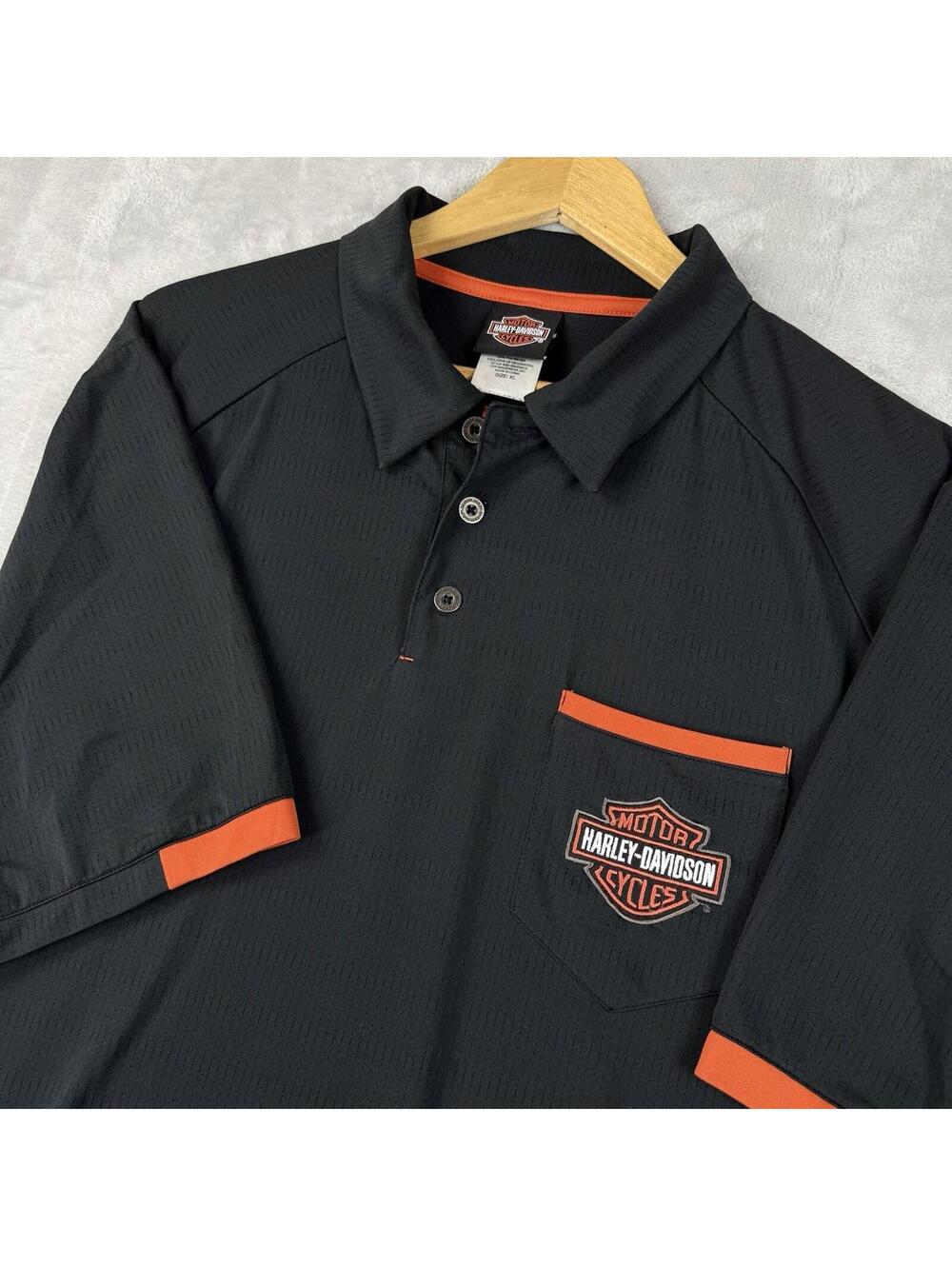 Harley Davidson Polo Shirt Mens XL Black Orange Performance Biker Logo Grunge